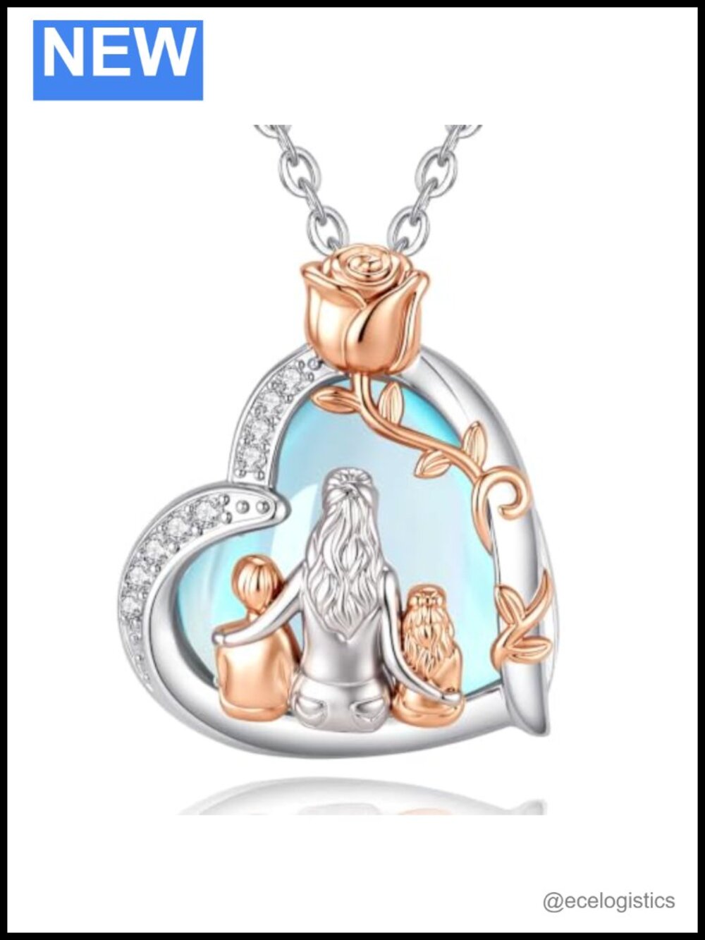 Moonstone Heart Mom Pendant Necklace Rhodium Plated 18-20in